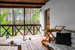 a living room with a couch and a wooden deck at Masuria Warsaw - dom na wyłączność - w lesie i przy rzece - 15 min od Warszawy in Skrzeszew