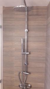 a metal towel rack in a shower in a bathroom at Vrahos Studios in Kionia