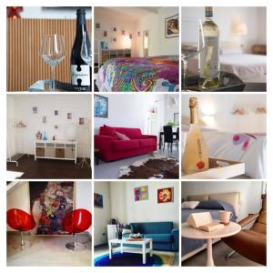 a collage of different pictures of a room at notti vesuviane in Portici