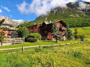 a house in a field in front of a mountain at Residence Bait da Mott in Livigno