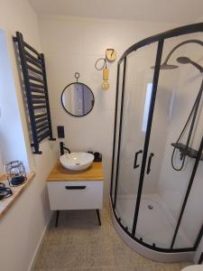 a bathroom with a sink and a shower at Studio Sopot Twins in Sopot