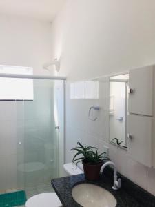 La salle de bains est pourvue d'un lavabo et d'une douche en verre. dans l'établissement Recanto do Valtinho, à Florianópolis