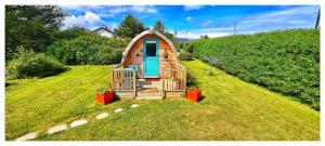 a tiny house with a blue door on a grass field at Spinning Wheel Pod in Dunvegan