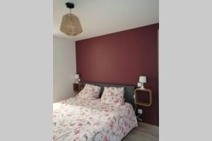 ein Schlafzimmer mit einem Bett und einer roten Wand in der Unterkunft CHARMANT APPARTEMENT AVEC TERRASSE in Pont-de-lʼIsère
