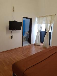 1 dormitorio con cama, espejo y TV en Hotel Meson Mariano Matamoros en Querétaro