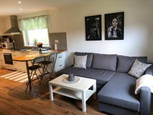 a living room with a blue couch and a table at Furuvägen 11 C in Ullared