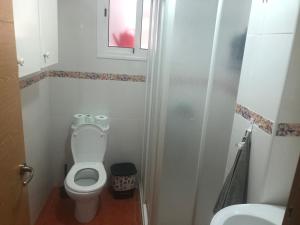 baño pequeño con aseo y ventana en Bonitas habitacións en piso compartido casa antonio, en Sevilla