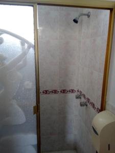 a shower with a glass door in a bathroom at Hotel International Prestige in Ambato