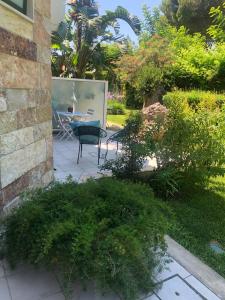 un patio con sedia e tavolo in giardino di B&B Neptunia fronte mare a Torre Specchia Ruggeri
