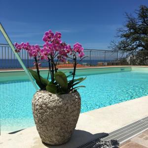 eine Vase mit Blumen neben einem Pool in der Unterkunft Hotel Mediterraneo in Cavi di Lavagna