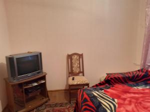 uma sala de estar com uma televisão e uma cadeira em Татьянин двор em Kamianets-Podilskyi