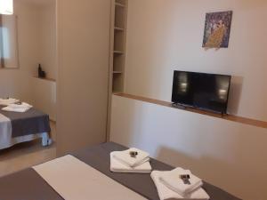 Cette chambre comprend un lit et une télévision à écran plat. dans l'établissement Vasiliki Residence, à Pylos