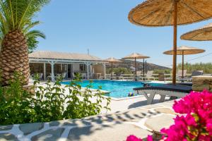 a resort with a swimming pool with umbrellas and flowers at Villa Irini in Platis Gialos