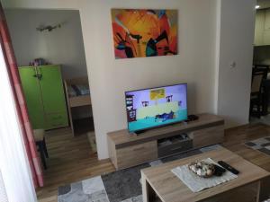 a living room with a flat screen tv and a table at Andrey Apartment in Mavrovo
