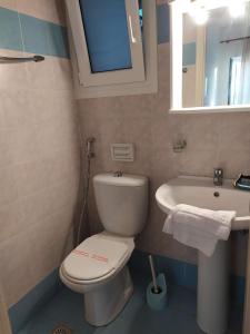 ein Badezimmer mit einem WC, einem Waschbecken und einem Spiegel in der Unterkunft Armenistis View Studios in Armenistis