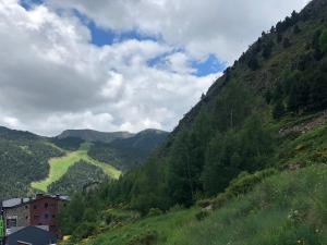 a view of a mountain with a green valley at Estudio reformado Vall d'Incles Grandvalira, 4 pers, max 2 adultos y 2 niños menores 12 años in Canillo