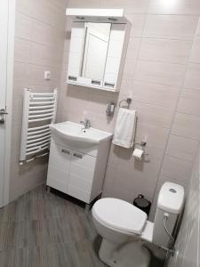 a white bathroom with a toilet and a sink at Airport view Apartment in Belgrade