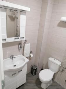 a bathroom with a white toilet and a sink at Airport view Apartment in Belgrade