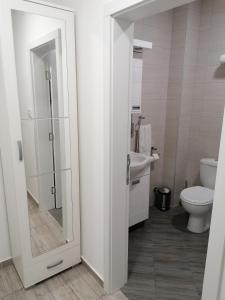 a bathroom with a toilet and a glass shower door at Airport view Apartment in Belgrade