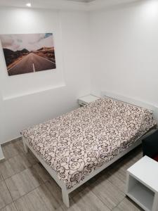 a bed in a white room with a picture on the wall at Airport view Apartment in Belgrade