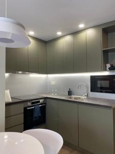 a kitchen with gray cabinets and a sink and a counter at Estudio reformado Vall d'Incles Grandvalira, 4 pers, max 2 adultos y 2 niños menores 12 años in Canillo