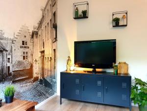a television on a blue cabinet in a room with a painting at Studio Belga Begijnhof Tongeren in Tongeren