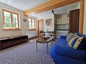 a living room with a blue couch and a kitchen at Ferienwohnung "Am Saalehaken" in Gössitz
