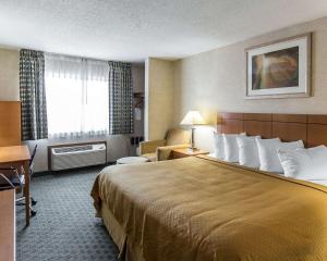 um quarto de hotel com uma cama grande e uma cadeira em Quality Inn at Collins Road - Cedar Rapids em Cedar Rapids