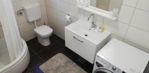 Baño blanco con aseo y lavamanos en Apartman Emily, 6 plus 2 guests, en Pula
