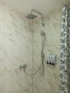 La salle de bains est pourvue d'une douche avec un pommeau en verre. dans l'établissement Apartman Dvorištance, à Golubac