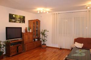 uma sala de estar com uma televisão de ecrã plano e um centro de entretenimento em Apartments Grmaca em Trogir