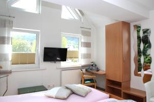 a bedroom with a bed and a tv on the wall at Pension und Ferienwohnungen Schweinsberg in Medebach