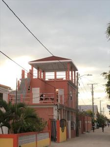 un edificio rosa con un perro encima en Tropical Paradise Express, en Caye Caulker