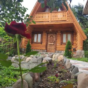 uma cabana de madeira com uma flor à frente em Old Dili em Dilijan