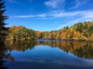 a view of a lake in the fall at Mountain Meadows Lodge in Killington