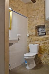 baño con aseo blanco y pared de piedra en Casa Manolita, en Calaceite