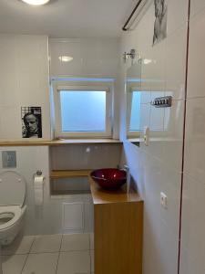 ソポトにあるApartament Sopotのバスルーム(赤い洗面台、トイレ付)