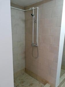 a shower in a bathroom with a tiled wall at Casa Rustica Fehér Fekete Vendégházak in Sovata +215 photos