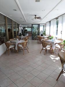 a dining room with tables and chairs and windows at Hotel Alfredo's in Rimini