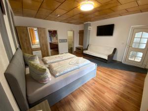 een woonkamer met een bed en een bank bij Pension Florion in Bernburg