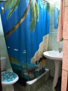 アナパにあるGuest House U Galinyのバスルーム(青いシャワーカーテン、シンク付)