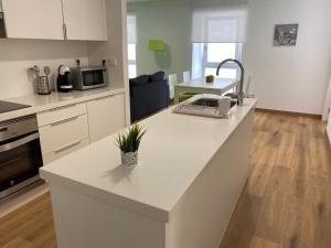 una cocina con encimera blanca y ordenador portátil. en Piso en el centro para 4 personas - Plaza Amboage - WIFI, en Ferrol