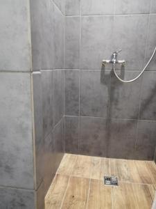 a shower with a glass door in a bathroom at U Dragouna in Köllein