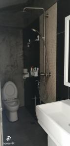 a bathroom with a shower and a toilet and a sink at The Wharf in Semporna
