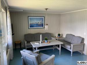 een woonkamer met een bank en een tafel bij Eidstod hytter in Vradal