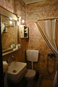 uma casa de banho com um WC, um lavatório e um chuveiro em Agiaz' em Arachova