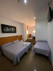 1 dormitorio con 2 camas y TV en la pared en Hostal Drassanes, en Barcelona