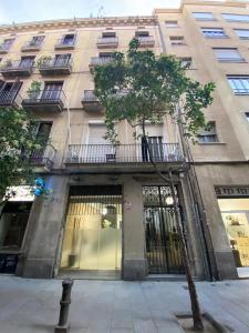 un edificio con un árbol delante de él en Hostal Drassanes, en Barcelona