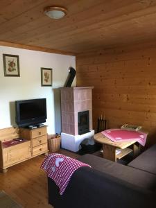 a living room with a fireplace and a tv at Berg Chalet 303 in Turracher Hohe