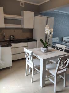 a kitchen with a white table with a vase of flowers on it at Apartamenty i Pokoje Biala Hortensja in Ustronie Morskie